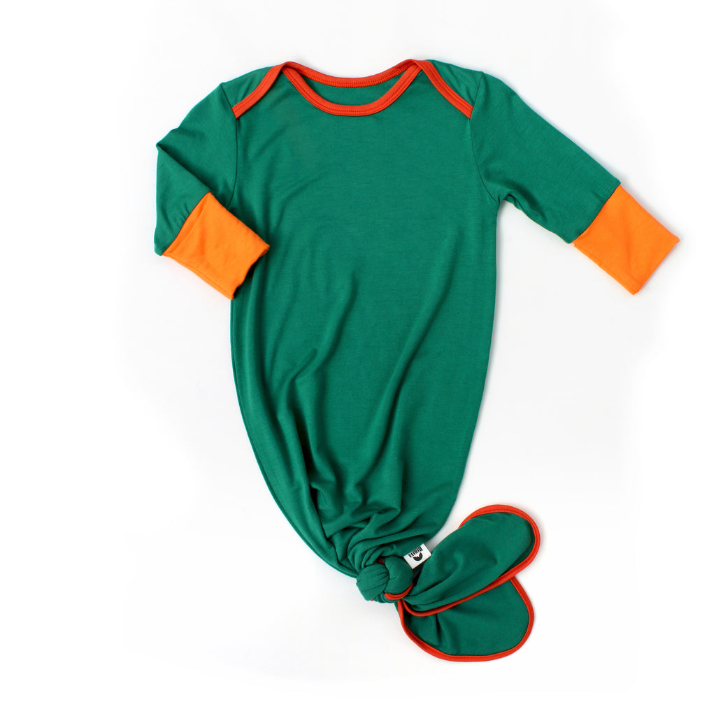 knot gowns for newborns, green and orange